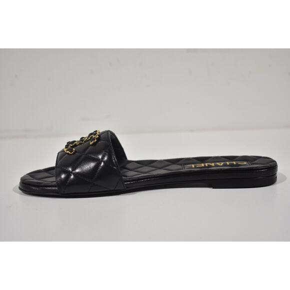 Chanel 23P Black Chain Gold CC Logo Quilted Mules Slide Sandal Slip On Flat 36.5 - Picture 9 of 12